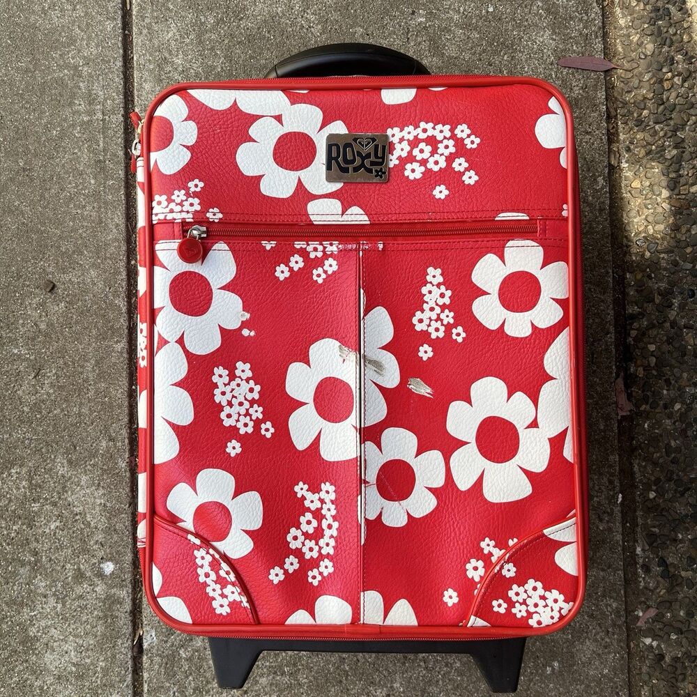 Vintage Roxy Y2K Red White Daisy Floral Rolling Carry On Suitcase Luggage - Picture 4 of 12